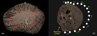 Simulation showing how boulders take a flying leap over one particular area of Phobos.
